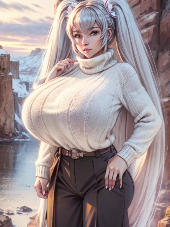 huge breast. excellent breast, masterpiece,ultra realistic,32k,extremely detailed CG unity 8k wallpaper, best quality, masterpiece,ultra realistic,32k,extremely detailed CG unity 8k wallpaper, best quality,(winter day ),lady ,necklace ,eardrop, Grand Canyon, United States, ( Orchid Pair a fitted turtleneck sweater with wide-leg pants and loafers. ) , Ash blonde hair pigtails ,