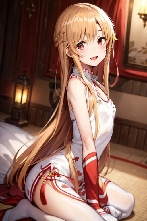 ((Best Quality)), ((masterpiece)), (be familiar with), Perfect Face, indoor, bedroom, Watching the audience,
One woman, Yuuki Asuna,
Open Mouth, Ecstatic expression, blush, smile,
Small breasts,  flat chest, , , , Girl,
Long Hair, Long Hair,
Leg spread,