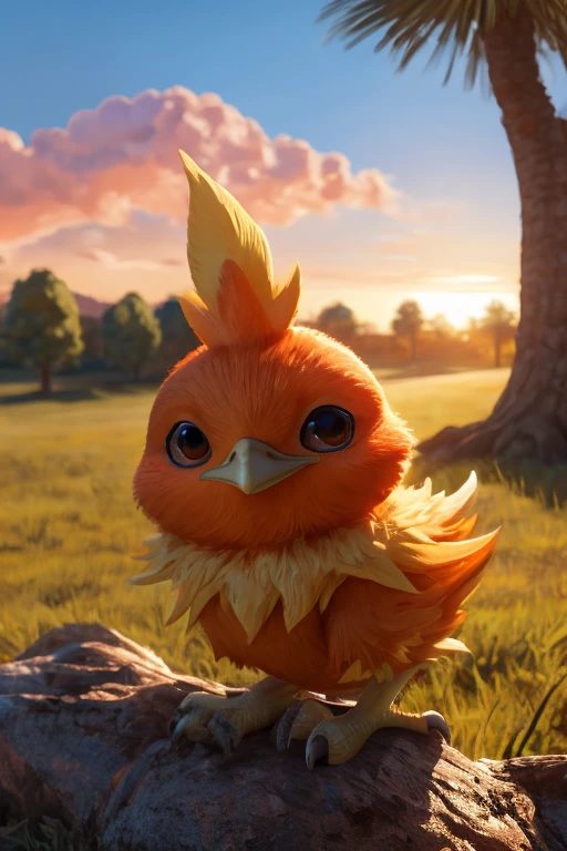 Female,Bird,Torchic background, (cinematic lighting:1.1), (perfect focus:1.1), 8k hd, (detailed eyes:1.2),depth of field, bokeh, subsurface scattering, perfect breasts, wide ,((pink short-sleeved shirt and a white skirt )),bright colors, (furry detail:1.3),detailed background, realistic, photorealistic, ultra realistic,in his garden , natural landscape,dry trees, thorns , sky, clouds,realistic, photorealistic ,blushing mischievous smile ,(fluffy:1.3), furry, buff, (realistic fur:1.1), (extreme fur detail:1.2),((light orange fur)),(Black pupil, brown eyes,pixar style eyes)Torchic Tail, 3d pixar legs.