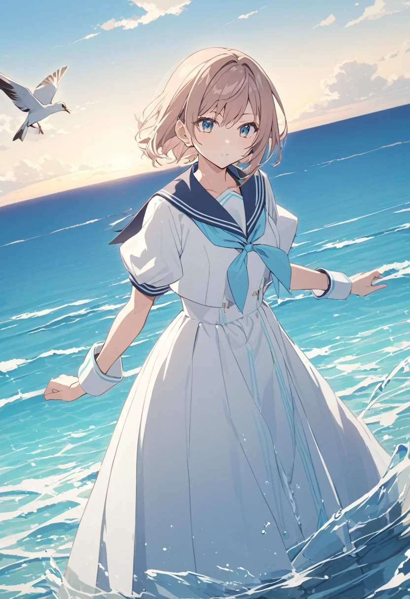 mizunashi akari, uniform, dress, white dress, Have, Sailor collar,Short sleeve,Puff sleeves,Cuff turn-up,two blue lines, Ocean, On the water, null, cloud, Outdoor, bird, Dutch Angle, long dress,A-line dress,blue line cape