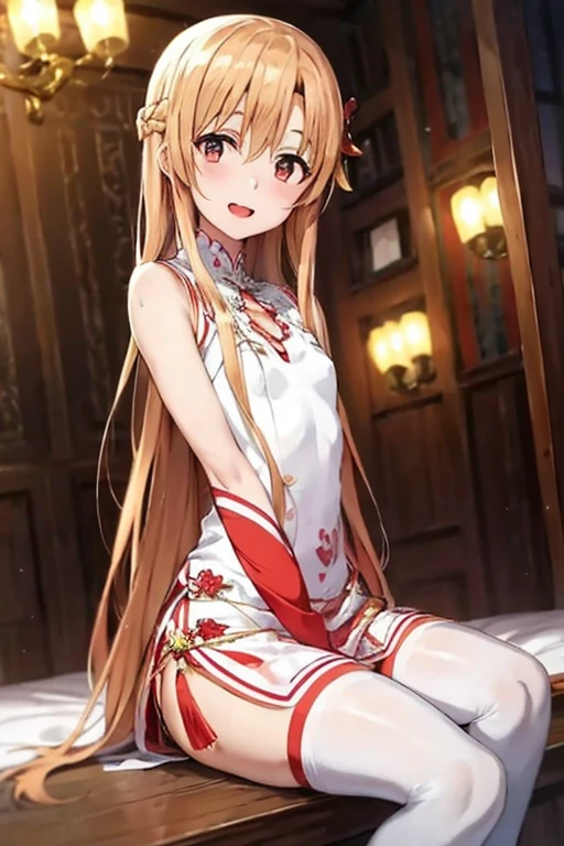 ((Best Quality)), ((masterpiece)), (be familiar with), Perfect Face, indoor, bedroom, Watching the audience,
One woman, Yuuki Asuna,
Open Mouth, Ecstatic expression, blush, smile,
Small breasts,  flat chest, , , , Girl,
Long Hair, Long Hair,
Leg spread,