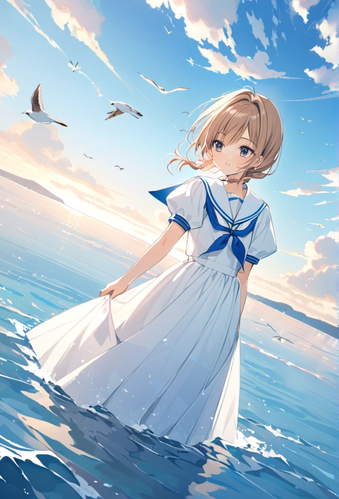 mizunashi akari, uniform, dress, white dress, Have, Sailor collar,Short sleeve,Puff sleeves,Cuff turn-up,two blue lines, Ocean, On the water, null, cloud, Outdoor, bird, Dutch Angle, long dress,A-line dress,blue line cape