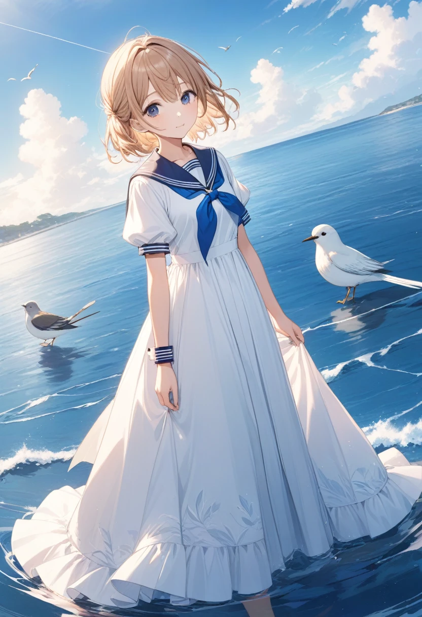 mizunashi akari, uniform, dress, white dress, Have, Sailor collar,Short sleeve,Puff sleeves,Cuff turn-up,two blue lines, Ocean, On the water, null, cloud, Outdoor, bird, Dutch Angle, long dress,A-line dress,blue line cape