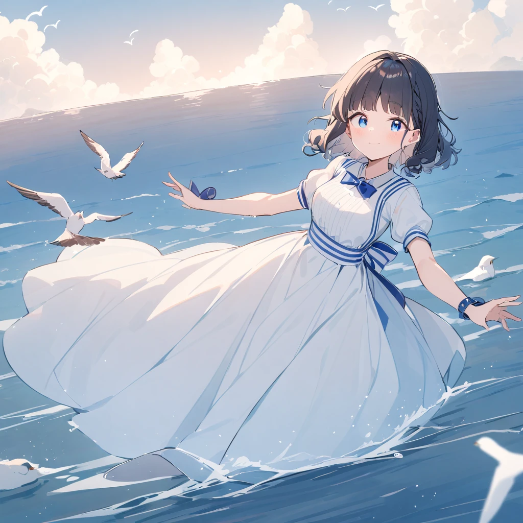 mizunashi akari, uniform, dress, white dress, Have, Sailor collar,Short sleeve,Puff sleeves,Cuff turn-up,two blue lines, Ocean, On the water, null, cloud, Outdoor, bird, Dutch Angle, long dress,A-line dress,blue line cape