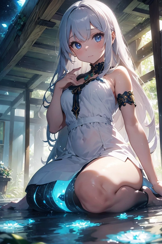 hatsune Miku、(ultra Realistic), (An illustration), (Highres), (8K), (highlydetailed), (the best illustration), (Beautiful Detailed Eyes), (beste Quality), (Super Detailed), (Master peace), (Wallpapers), (Detailed Face), solo, 1girl, Aristocratic dresses、White hair, Iris heterochromatic eyes, small moles under eye, medium chest, Long legs,Stunning composition,Foot braids,Beautiful and detailed legs