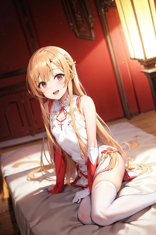 ((Best Quality)), ((masterpiece)), (be familiar with), Perfect Face, indoor, bedroom, Watching the audience,
One woman, Yuuki Asuna,
Open Mouth, Ecstatic expression, blush, smile,
Small breasts,  flat chest, , , , Girl,
Long Hair, Long Hair,
Leg spread,