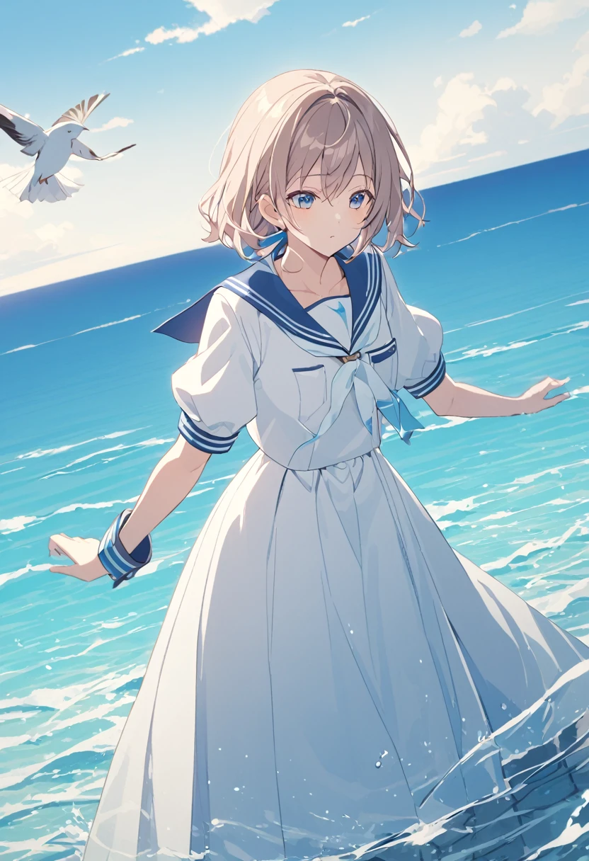 mizunashi akari, uniform, dress, white dress, Have, Sailor collar,Pocket on left chest,Blue lined pocket,Short sleeve,Puff sleeves,Cuff turn-up,two blue lines, Ocean, On the water, null, cloud, Outdoor, bird, Dutch Angle, long dress,A-line dress,blue line cape