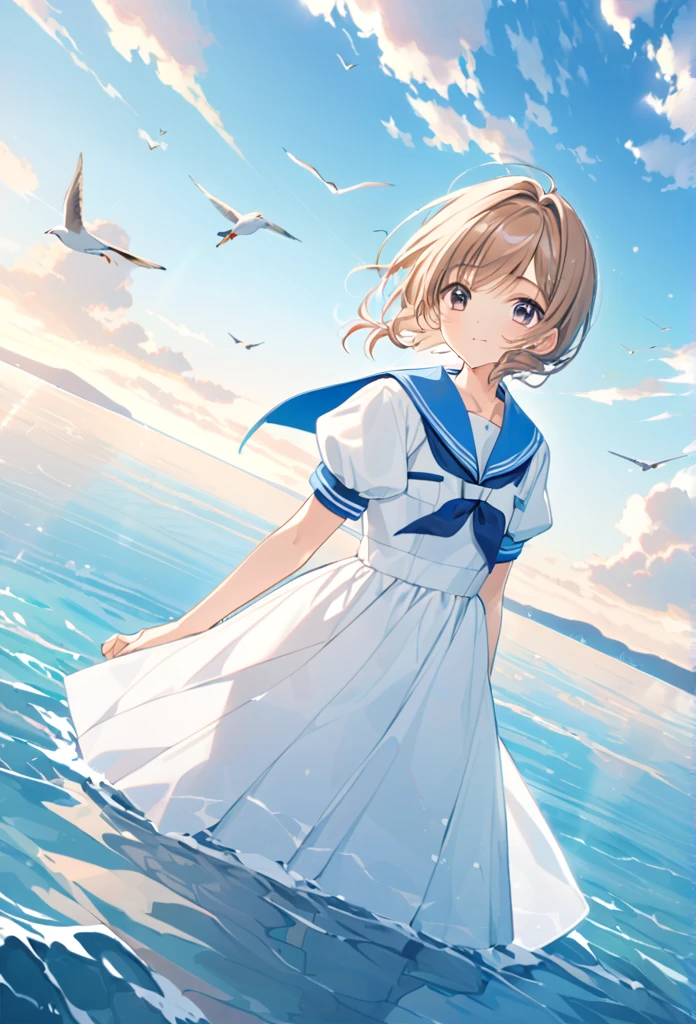 mizunashi akari, uniform, dress, white dress, Have, Sailor collar,Pocket on left chest,Blue lined pocket,Short sleeve,Puff sleeves,Cuff turn-up,two blue lines, Ocean, On the water, null, cloud, Outdoor, bird, Dutch Angle, long dress,A-line dress,blue line cape