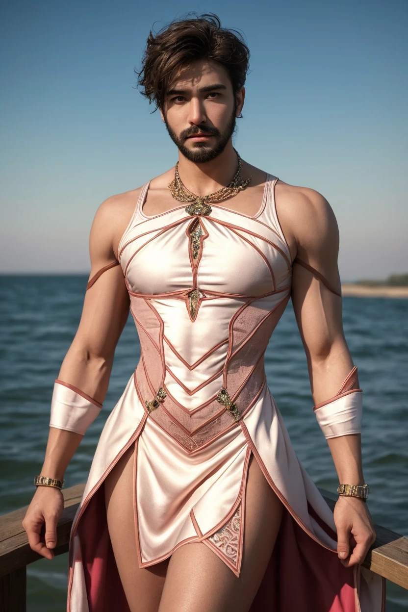 Homem musculoso usando calcinha rosa fofa e meias de coxa, has long flowing white hair, tem orelhas de lobo, tem cauda de lobo, usando lingerie, suado, It stands alone, sozinho, bulge in crotch bulge+, huge bulge, coxas extremamente grossas, bunda grande,