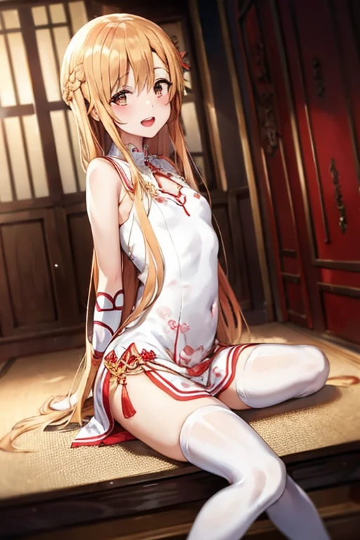 ((Best Quality)), ((masterpiece)), (be familiar with), Perfect Face, indoor, bedroom, Watching the audience,
One woman, Yuuki Asuna,
Open Mouth, Ecstatic expression, blush, smile,
Small breasts,  flat chest, , , child, Girl,
Long Hair, Long Hair,
Leg spread,