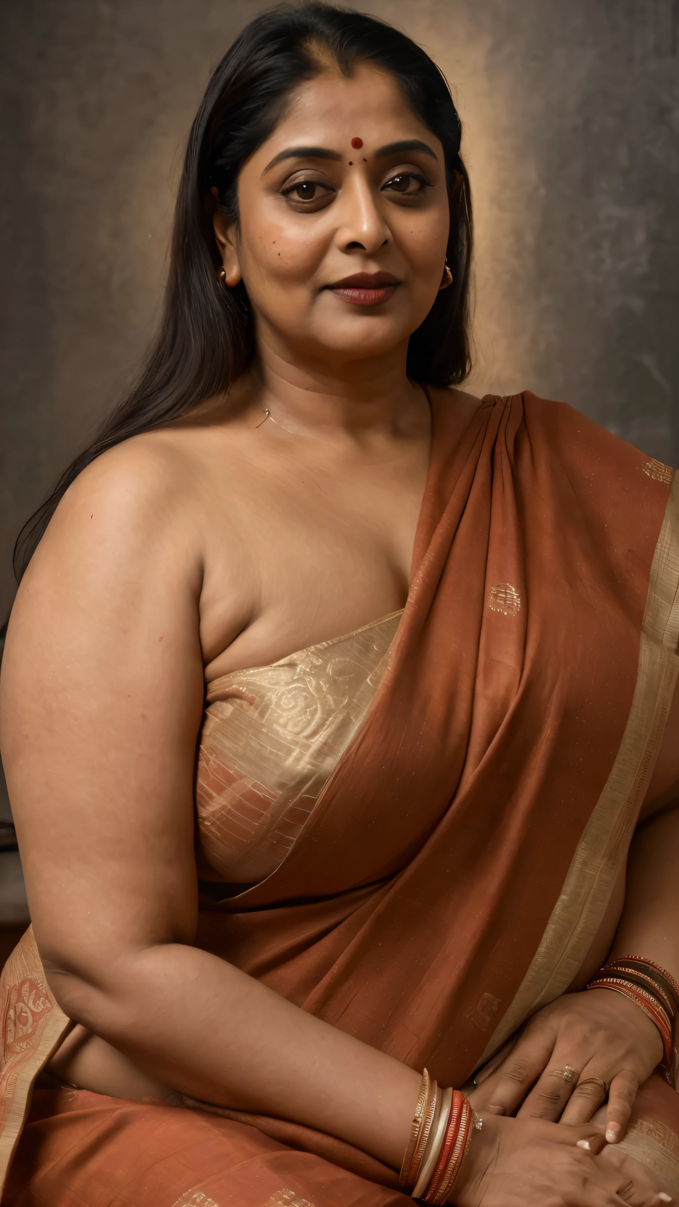 Looks like Indian actress Nagma, actress Nagma, Indian milf nagma, nagma aunty, a photo portrait of a beautiful girl 70 years old Woman, padosan aunty, aunti ji, maharani, rajmata, goddess, kamadevi, clothes inspired by Hindi mythology serial or Hindu mythology movie, mature aunty, milf aunty, mature beauty, maternal curve, curvy mommy, Sexy milf, sleeveless aunty, curvy hot mommy figure, fleshy figure, thick arms, feminine curve, deep BLACK lips, ethnic traditional Indian strapless Bra, stanapatta, saree without blouse, with curls, styled black hair, (face portrait:1.5), dramatic light, Rembrandt lighting scheme, bust shot, linen tank top, top quality editorial photograph, skin texture, skin pores, chocolate skin, high quality skin, top quality photography, professional photography, professional retouching, insane detailing, warm moody tones, modern clothes, highly detailed stubble armpits, skin pores, visible veins, skin texture, freckles 0.2, juicy thick belly, bulky fleshy figure, sexy mature maternal curve, sexy thick navel folds, detailed stubble armpits, insanely detailed skin texture, jiggly belly, teasing with her alluring thick figure, rough mature skin, visible pores, fine lines, natural imperfections, alluring desi Amma, juicy deep navel, yummy mummy,