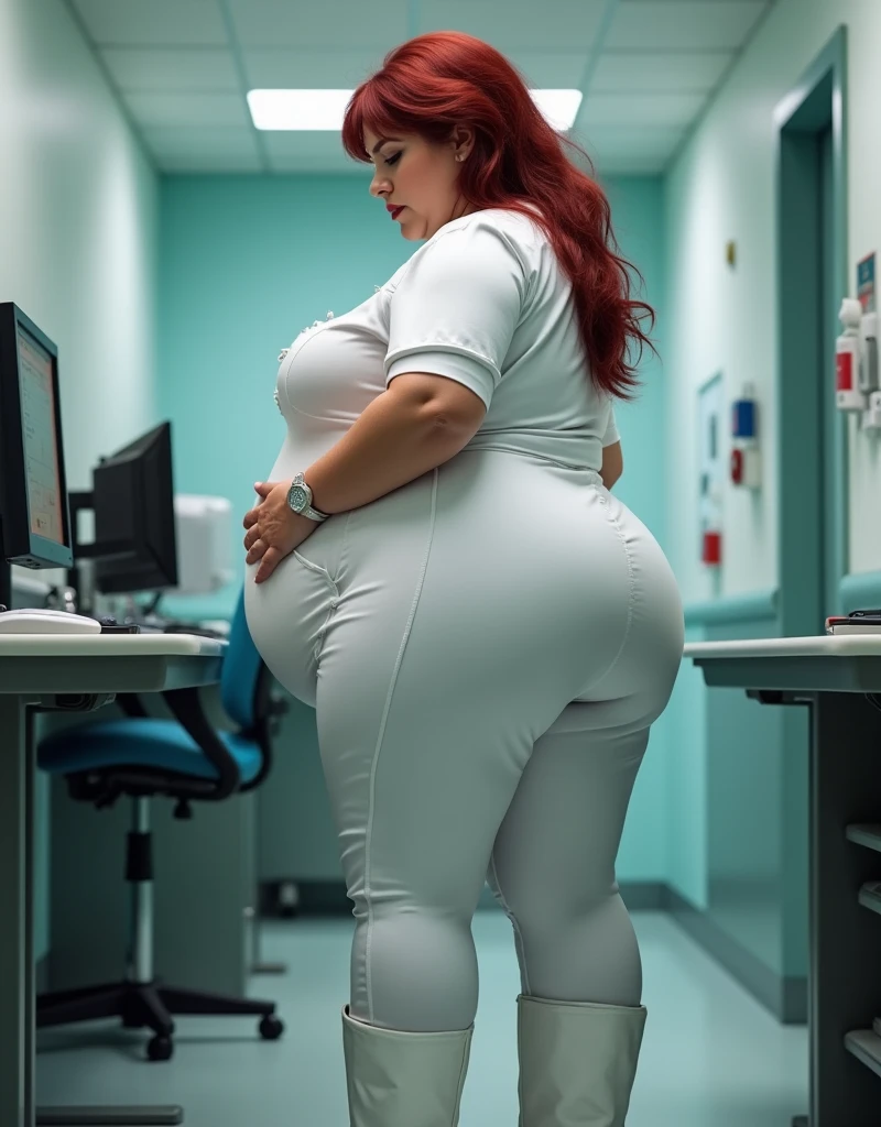 Highest quality, solo, Obese woman, overweight, really fat, larg breasts, beautiful Chubby face, messy bun hair with bangs, tight buttoned shirt, skinny pants, standing, belly hang, huge pregnant belly, bare feet 