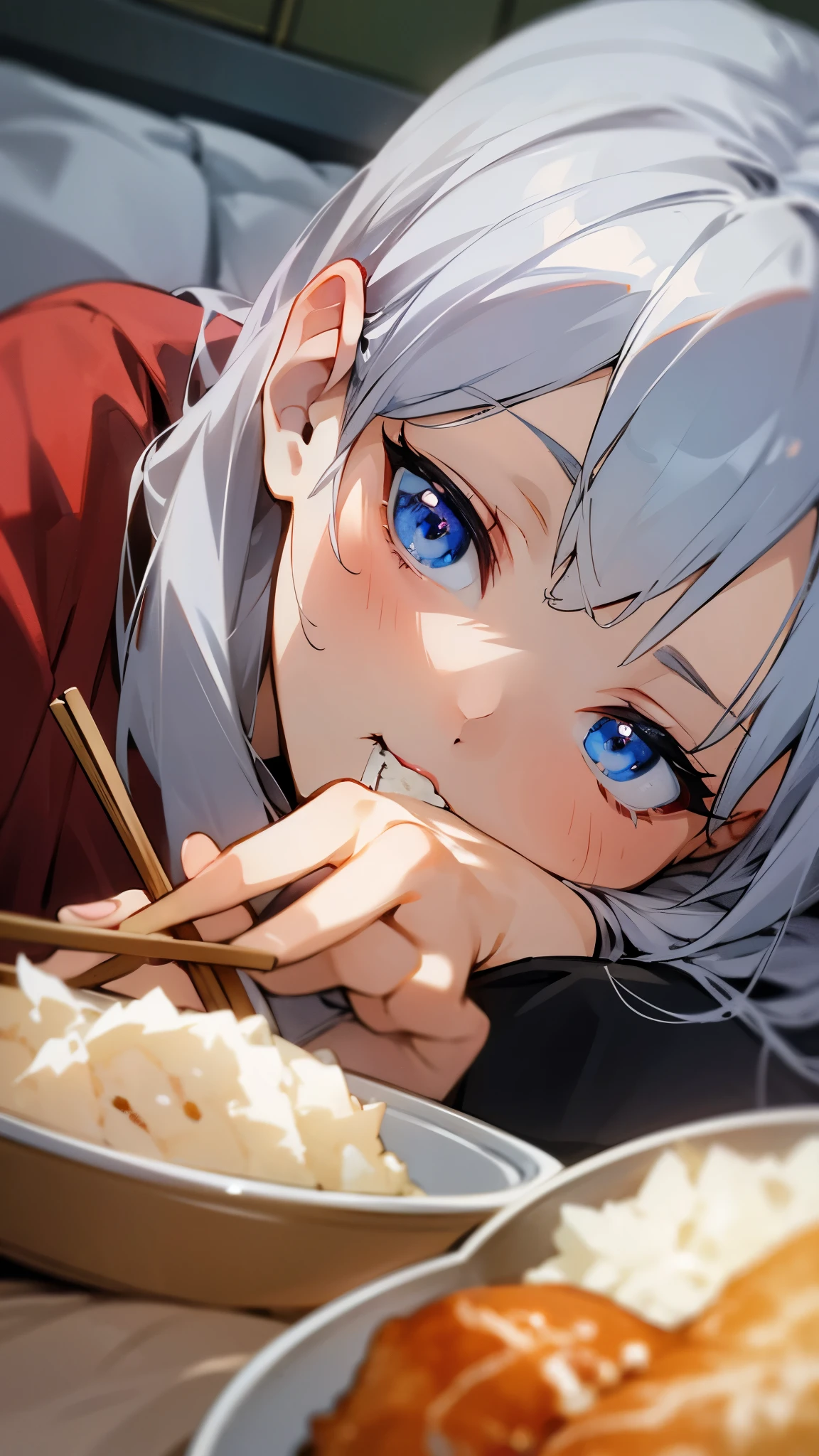 Silver Hair、blue eyes、 lying on a futon 、Girl eating katsudon 、 holding chopsticks in her right hand