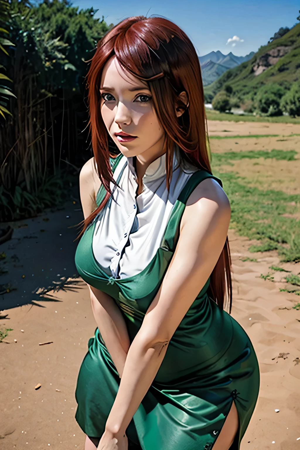 1 niña,uzumaki_kushina,tattoo_HakkeNoFuuinShiki,Kushina_Green_Dress,cola de caballo.