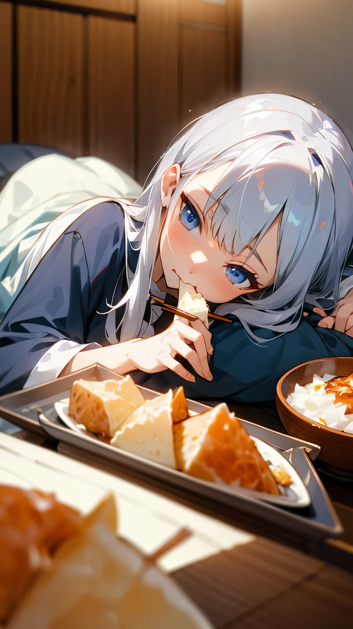 Silver Hair、blue eyes、 lying on a futon 、Girl eating katsudon 、 holding chopsticks in her right hand