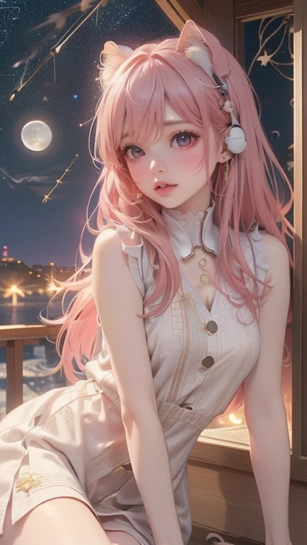 (Highest quality、Highest quality、Masterpiece、Very delicate、Very detailed、Exquisite、16K、Full HD)、1 female、(Silver camisole、Tutu、gem、ribbon、White frills)、Small breasts、Perfect body line、Glowing Skin、(Groomed eyebrows、Pink Lips、Blue Eyeysterious Face)、(Orange Hair、Vertical roll hair、Shiny Hair)、Dramatic lighting、(universe)