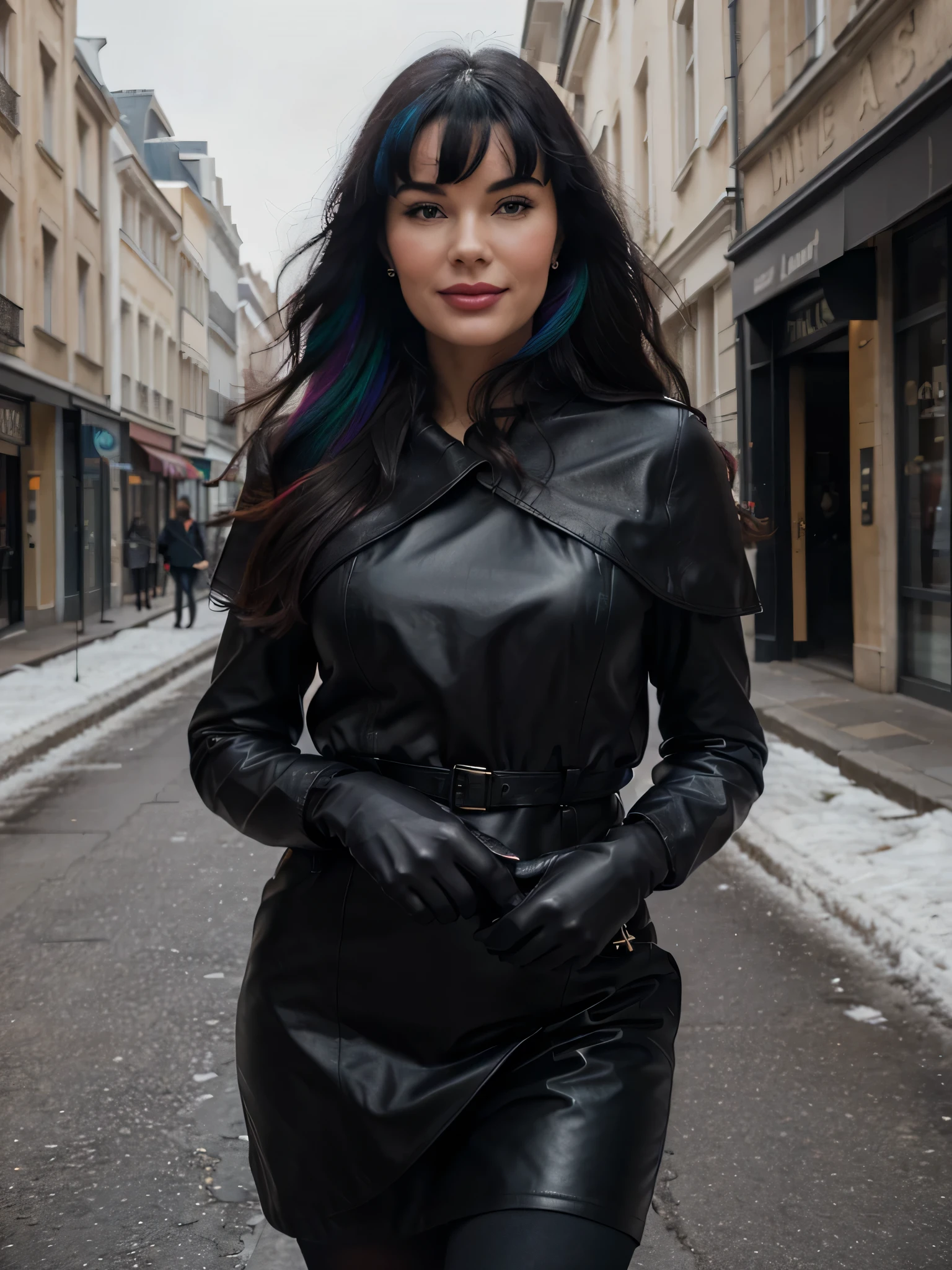 proFessional portrait photograph oF a smiling gorgeous Bettie Page girl in winter clothing with long wavy red hair, sultry Flirty look, gorgeous symmetrical Face, joli maquillage naturel, wearing elegant warm winter Fashion clothing, ((debout dehors dans une rue enneigée de la ville)), (( soft grey leather gloves )) (( grey skirt)) (( handbag on her shoulders)) (( black leather long coat)) superbe environnement urbain moderne, ultra realistic, art conceptuel, elegant, Very detailed, complexe, sharp Focus, depth oF Field, F/1. 8, 85mm, Coup moyen, midplane, (((proFessionally color graded))), bright soFt diFFused light, (volumetric Fog), tendance sur Instagram, hdr 4k, 8K