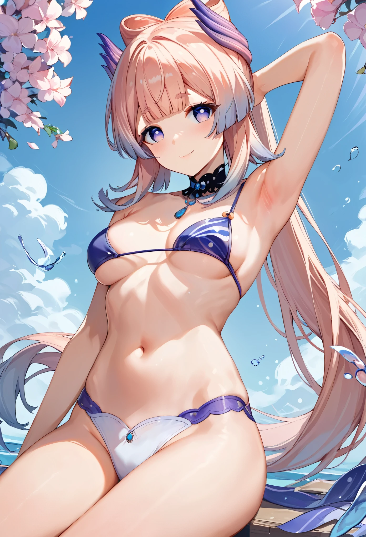 （masterpiece）、(highest quality)、((Super detailed))、(super delicate)、pastel colored hair、beautiful breasts、side boob、Beautiful butt、Eroi Bikini、Sea of night、fantastic starry sky