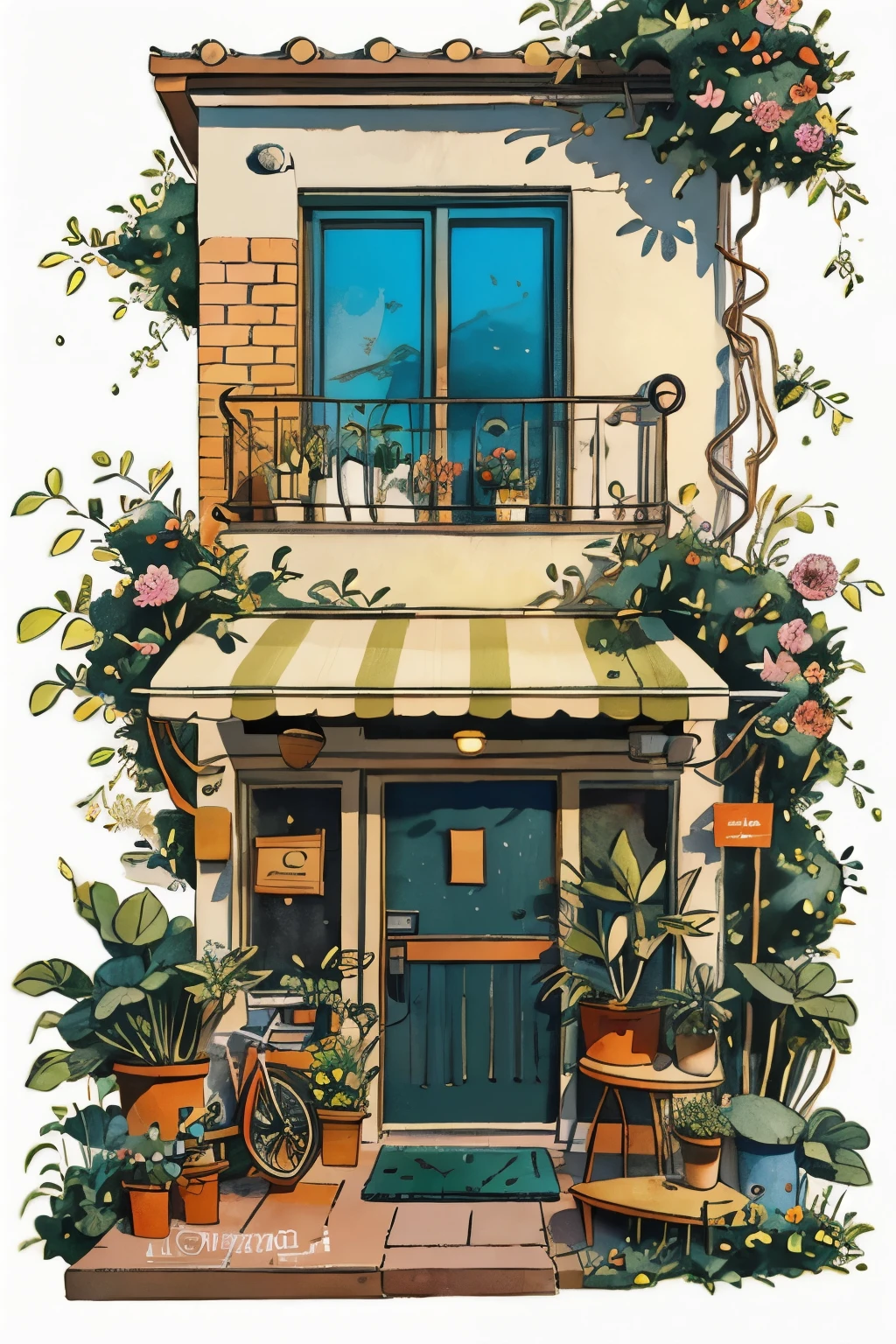 JZCG021,Flower store,coffee spot,old bicycle,tables,chairs,no one,windows,flowers,brick wall,plants,potted plants,watercolor (medium),landscapes,doors,air conditioning,paintings (medium),traditional media,houses,outdoors,balconies,architecture,masterpiece,best quality,high quality,Botanical,, masterpiece,best quality,high quality, 