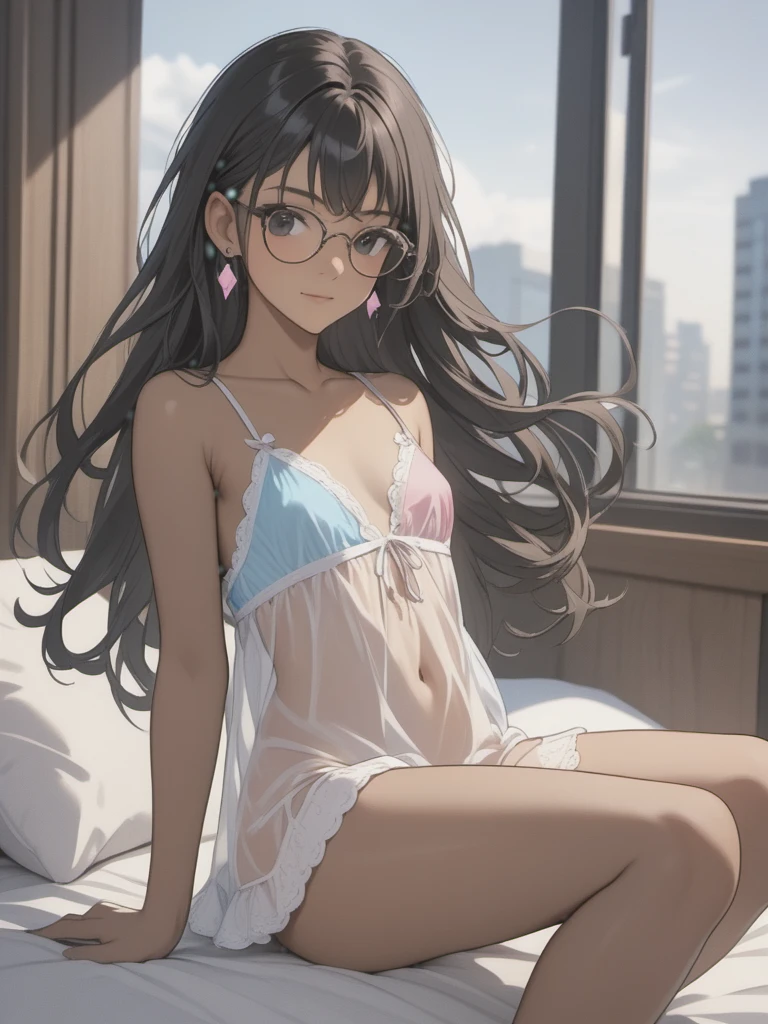 (((Adult trans woman)): (clothes with trans flag colors(white, blue, pink), mini lace babydoll, transparent babydoll, black eyes, ((brown skin)), dark skin, showing the whole body, ((black hair, long wavy hair)),(High heel sandals ). Closed mouth )); full body shot, cute smile ((Sitting on bed)), Playing videogame, holding a joystick in hands, bedroom background. High quality. 4k, 8k, many details. Masterpiece, accurate, anatomically correct, posing, detailed background, better quality, original work Focus on details, Front view, earrings,  wind blowing through window, eye glasses, cute makeup, open legs, no panties, see through nipples.