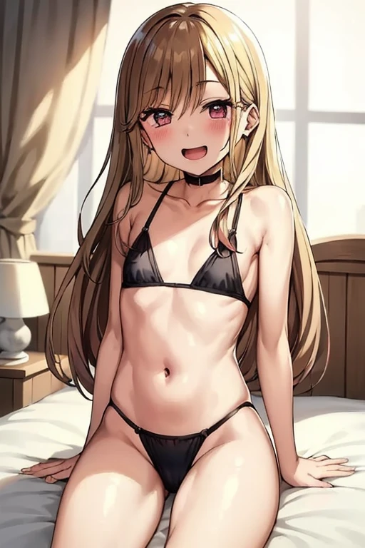 ((Best Quality)), ((masterpiece)), (be familiar with), Perfect Face, indoor, bedroom, Watching the audience,
One woman, Kitagawa Marin,
Open Mouth, Ecstatic expression, blush, smile,
Small breasts,  flat chest, , , , Girl,
Long Hair, Long Hair,
Leg spread,