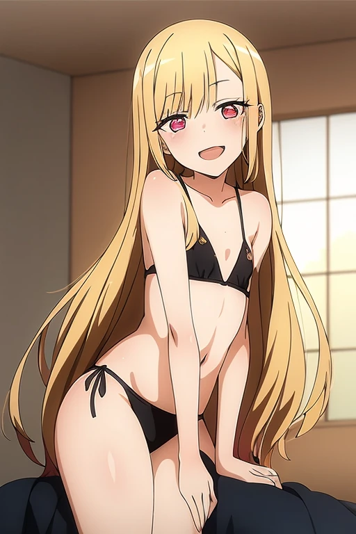 ((Best Quality)), ((masterpiece)), (be familiar with), Perfect Face, indoor, bedroom, Watching the audience,
One woman, Kitagawa Marin,
Open Mouth, Ecstatic expression, blush, smile,
Small breasts,  flat chest, , , , Girl,
Long Hair, Long Hair,
Leg spread,