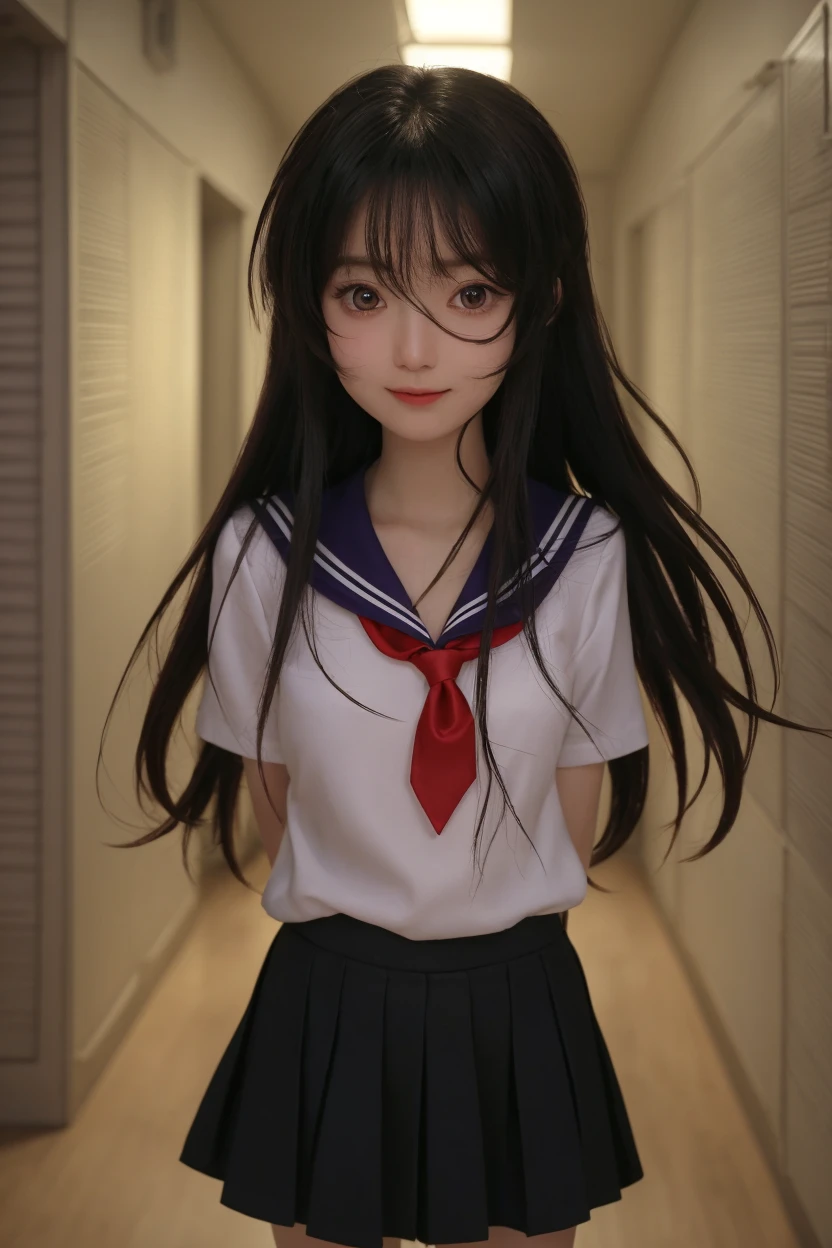  black-haired girl school girl in the middle school corridor, young 20 years old, Yandere, dual personality , in love with you,  but jealous of other women around you ,  eyes burning with inner anger ,  wants you for and only for you . hides a knife behind her back .  smile that seems kind ,  but hides a possessive desire for you .