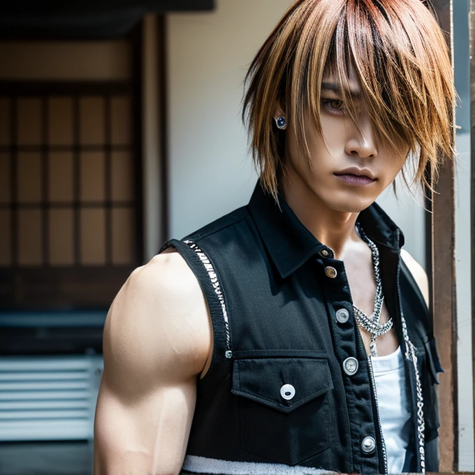 1 man, male, Japanese man, Visual Kai hairstyle, ultra detailed face and body, hyperrealistic, realistic representation, muscular, broad shoulders, tattoos gothic style, piercings, Visual Kei style, hairstyle Visual Kei, blond, long hair, 40 years old, age 40, outfit gothic streampunk, men's shirt and black pants, Asian eyes, eyes Asian, Visual Kei hairstyle 