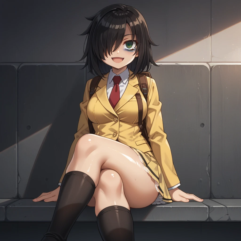 score_9, score_8_up, score_7_up,, solo, source_anime, tomokoxl, bags under eyes, hair over one eye black hair, medium hair, school uniform, red necktie, yellow skirt, short skirt, pleated skirt, yellow jacket, sheer socks, black sheer socks, black socks, standing, cowboy shot, sitting, crossed legs, thick thighs, shiny skin, no shoes, focus in crossed legs, underwear, white underwear, shiny underwear, lace underwear, white lace underwear, shiny lace underwear, panties, white panties, shiny panties, only crossed legs pose, sexy crossed legs, perfect crossed legs, sexy legs, big thighs, oiled thighs, oiled legs, smile, open mouth, evening time, dark room, breast, big breast, glowing green eyes, backpack, leather backpack, small backpack, brown leather backpack, focus on legs, focus on crossed legs,