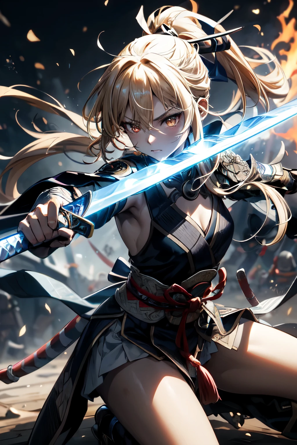 One Girl,anime,Anatomically correct, A series of character actions,,ponytail, masterpiece, Textured Skin, Action Painting, Heavy makeup, Brown Skin,Perfect Face,Perfect Eyes,samurai,samurai,Sengoku Warlordsの鎧,Waist Armor,A blow with a sword,Small breasts,Thin thighs,Combat with enemies,Calm expression,Flame Attribute,Yellow Hair,Sengoku Warlords,Battle of Sekigahara,Glowing sword effect,transparent sword