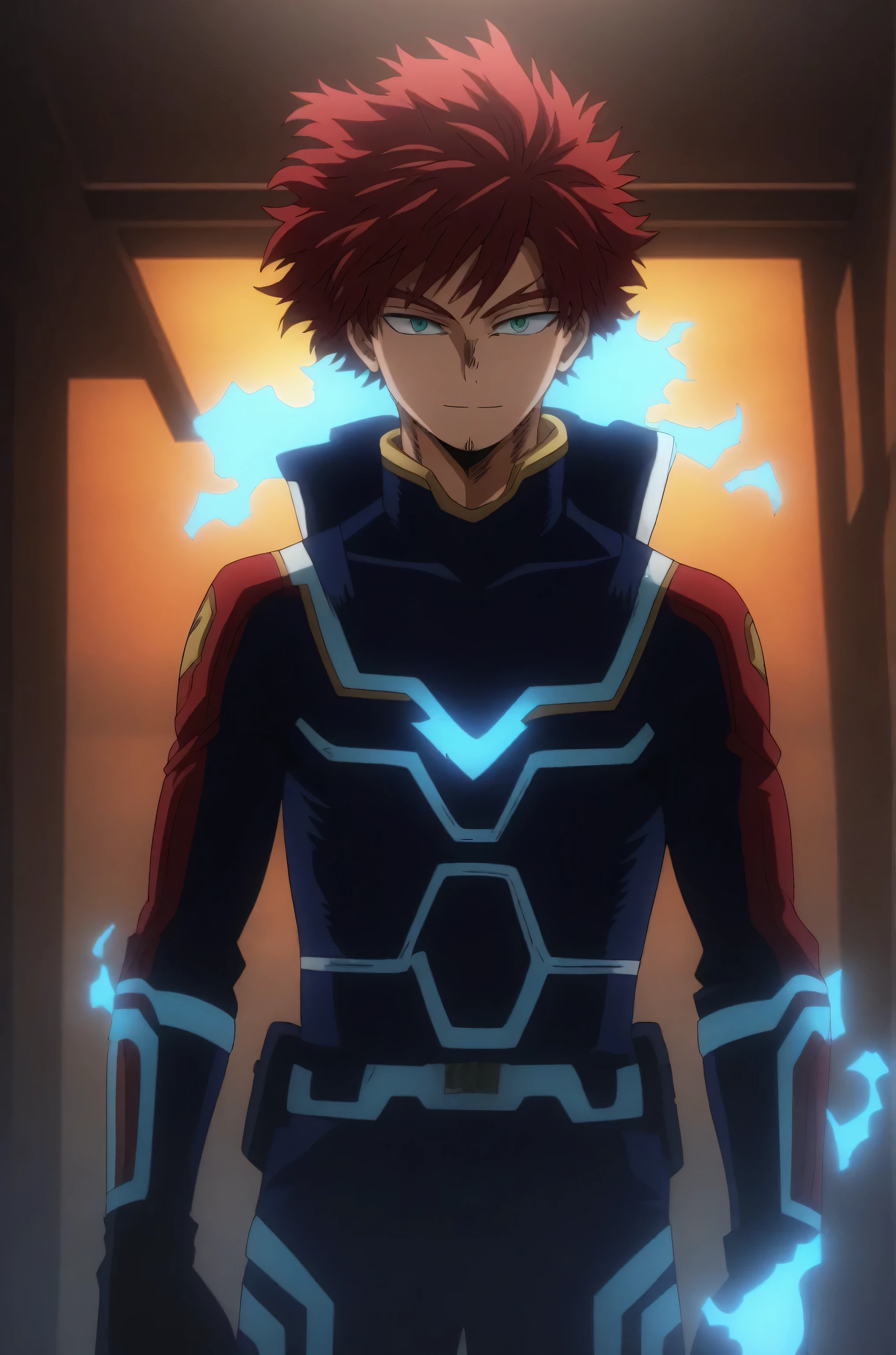 He is a 21 year old adult , has red hair, slightly disheveled, turquoise eyes something , He is dressed in the Endeavor’s hero costume from "my hero academia" but with blueflames, happy face, 8K, High quality, masterpiece, normal lighting, anime effect MHA , bright colors, full body