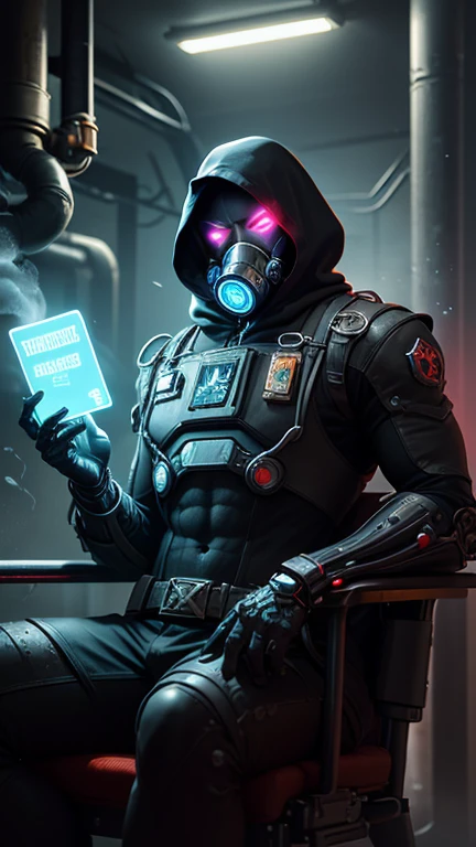(Absurd, High resolution, Super detailed), 1 male, manly, Tall and muscular, good looking, Detailed drawn eyes, Intricate details, View your viewers, alone, Half Shot, Detailed Background, Detailed face,High Tech Futuristic Hacker, Advanced Technology, hoodie, Techwear, Wearable Devices, Key Card, cable, (Holographic Display:1.05), computer, password, Background control panel, Purple Lights, Dark and ominous atmosphere, Shadow,Troubled face、Gasping face,