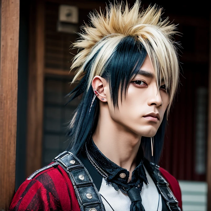 1 man, male, Japanese man, Visual Kai hairstyle, ultra detailed face and body, hyperrealistic, realistic representation, muscular, broad shoulders, tattoos gothic style, piercings, Visual Kei style, hairstyle Visual Kei, blond, long hair, 40 years old, age 40, outfit gothic streampunk, men's shirt and black pants, Asian eyes, eyes Asian, Visual Kei hairstyle 