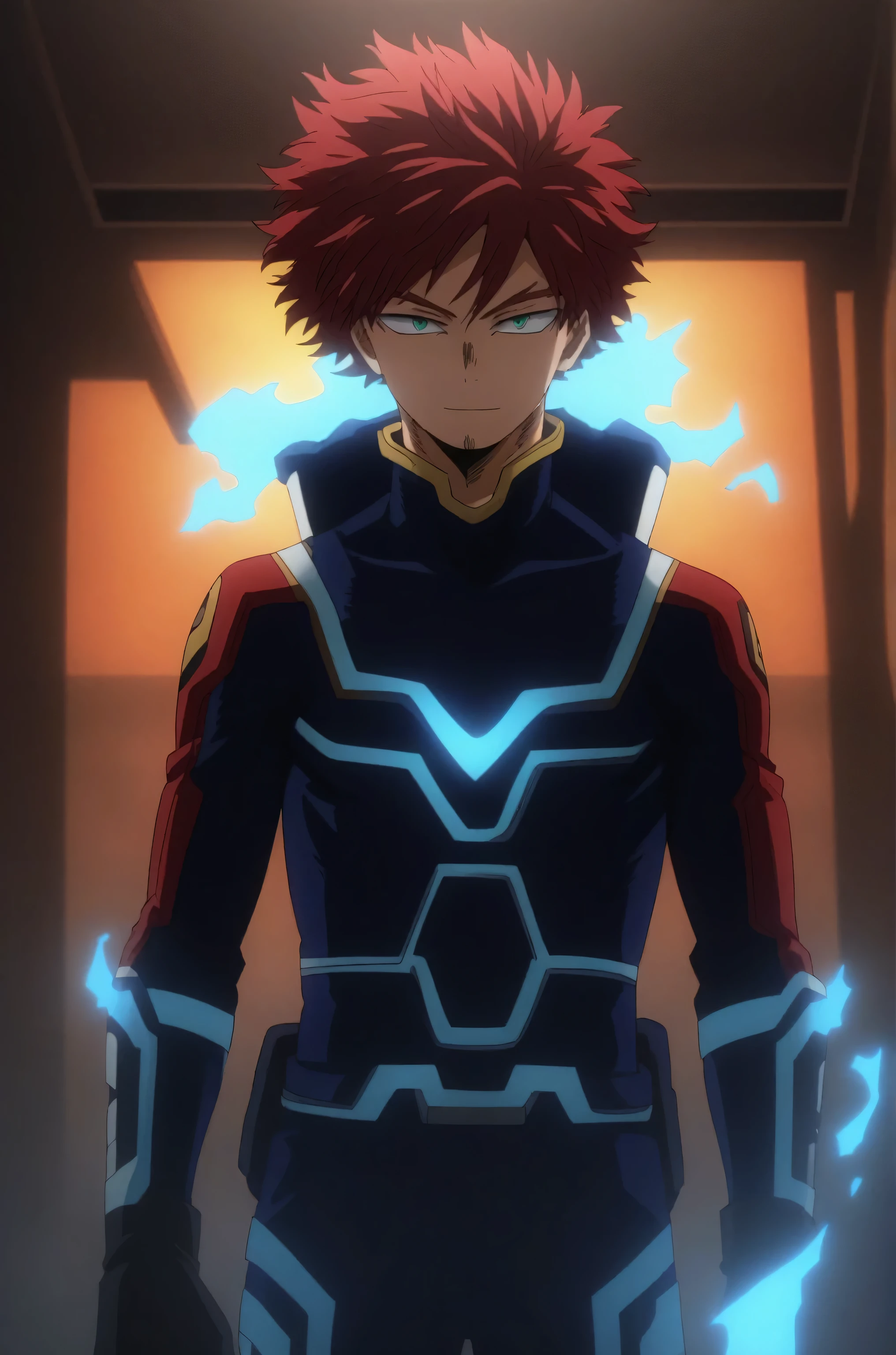  He is a 21 year old adult , has red hair, slightly disheveled, turquoise eyes something ,  He is dressed in the Endeavor’s hero costume from "my hero academia" but with blueflames, happy face, 8K, High quality,  masterpiece, normal lighting, anime effect MHA , bright colors, full body