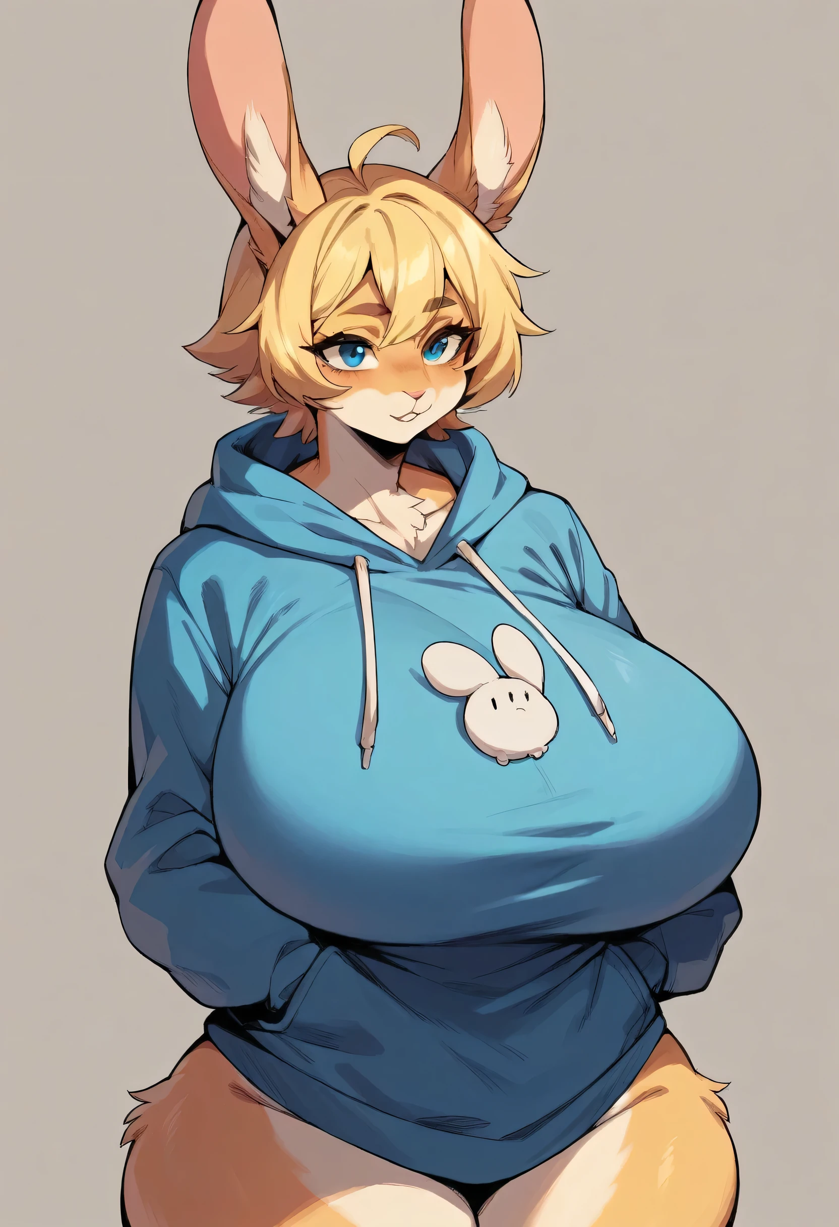 score_9, score_8_up, score_7_up, score_6_up, score_5_up, score_4_up ,1girl , furry Rabbit female , Blonde hair , wearing blue hoodie,big wide hips,huge Breasts ,