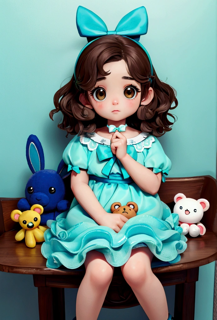 Pale skin, dark blue eyes. Brown hair, bangs tied into two braids. Bangs up to her eyelids, She wears a black hairpin, Her dress is white with a blue bow around her neck., His socks are blue with a white stripe on the top., shoes are black. Her braids are finally tied with two small blue bows.. 1.30 tall, lying on a bed. a little scared