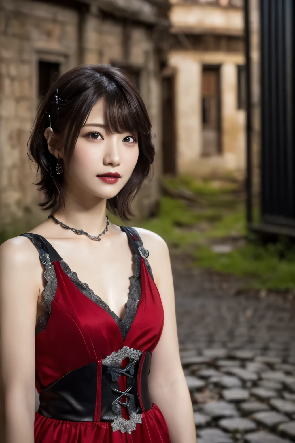 1 girl, (She is wearing a red dress:1.3), (Gothic Makeup),   Portrait of an adorable Japanese symphonic metal singer, (RAW Photo Best Quality), (Realistic, Realistic:1.4), (masterpiece), 
But delicate and beautiful,   very detailed, 2k wallpaper, wonderful, finely,   very detailed CG Unity 8K wallpaper,   very detailed,  high res, Soft light, 
 Beautiful girl with attention to detail ,   very detailed目と顔, A beautiful and elegant nose,   beautiful beautiful eyes, Cinema Lighting, 
(Girl full body silhouette), (background、 It's a night in an abandoned medieval European city  :1.4), ( A girl lies on cobblestones  :1.3), (Dark screen:1.5),
(short hair), (Messy Hair), (Indigo Color Scheme),
 Perfect Anatomy, Slender body, Small breasts