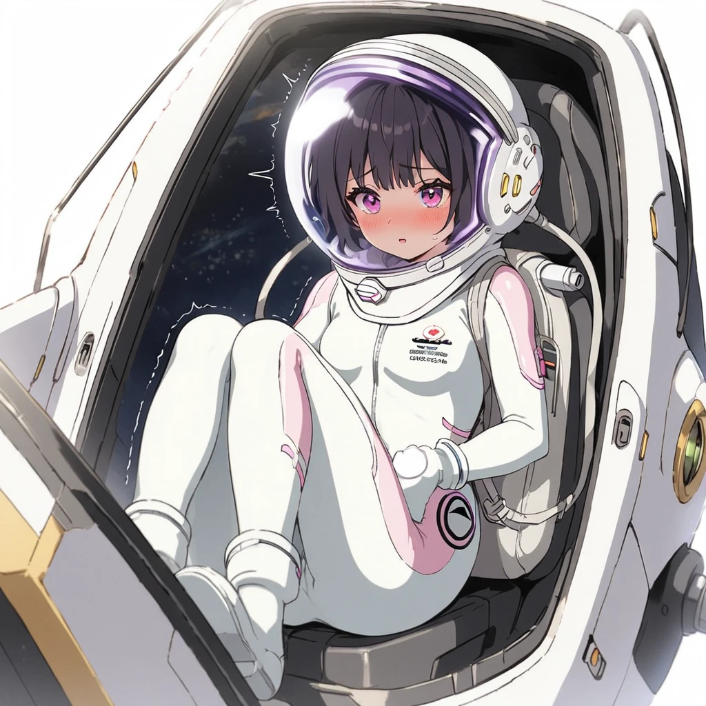 1人of女of子,Alone,short hair,(Space Suit:1.15), Black Hair Space Helmet ,whole body, indoor, masterpiece of the highest quality,  trembling, difficulty breathing, bodysuit before boarding,Lumine , Bubble Helmet, short hair,  backpack,gloves,blush,internal (cockpit) of (Futuristic spaceship:1.6), Sitting on narraw futuristic spacecraft cockpit seat, Covered navel, short hair