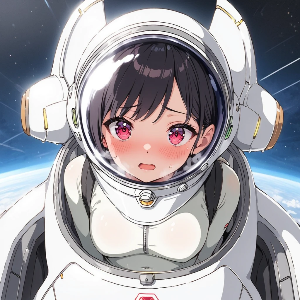 1人of女of子,Alone,short hair,(Space Suit:1.15), Black Hair Space Helmet ,whole body, indoor, masterpiece of the highest quality,  trembling, difficulty breathing, bodysuit before boarding,Lumine , Bubble Helmet, short hair,  backpack,gloves,blush,internal (cockpit) of (Futuristic spaceship:1.6), Sitting on narraw futuristic spacecraft cockpit seat, Covered navel, short hair