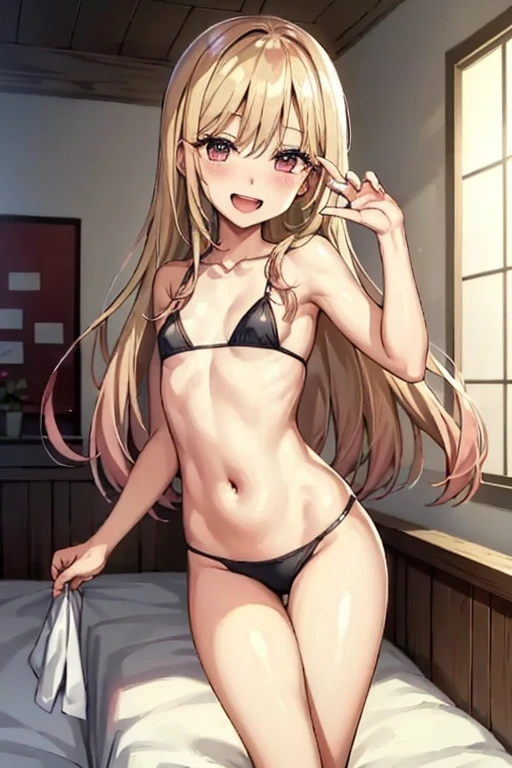 ((Best Quality)), ((masterpiece)), (be familiar with), Perfect Face, indoor, bedroom, Watching the audience,
One woman, Kitagawa Marin,
Open Mouth, Ecstatic expression, blush, smile,
Small breasts,  flat chest, , , , Girl,
Long Hair, Long Hair,
Leg spread,