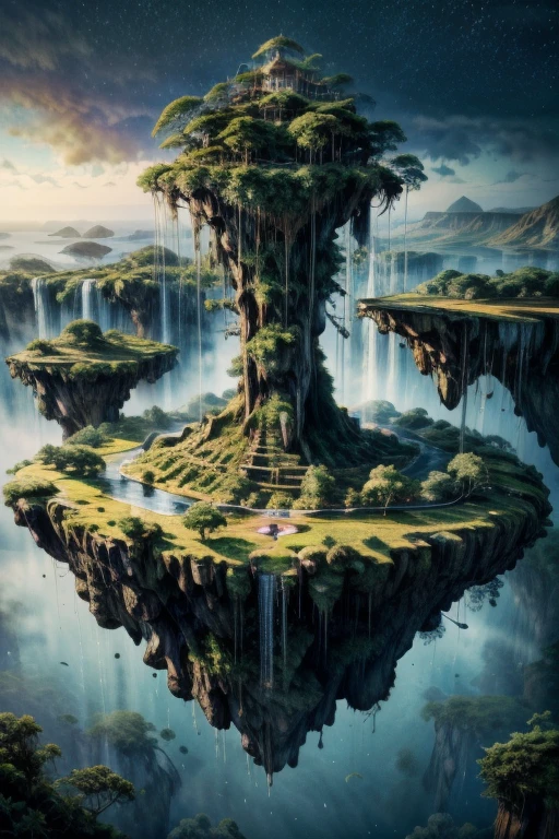 /A Mysterious mysterious island above the sky,/ Rainforest, mist, Clouds Surrounding the Island ,  Waterfall Falling from the Sky , Mysterious雰囲気, Floating Island , /Mysterious,  Fantasy ,  digital art, Intricate details, 8k, Realistic,   Hyperrealistic  , Cinema Lighting,  dramatic lighting, High image quality, Intricate details, masterpiece,  digital art/live-action