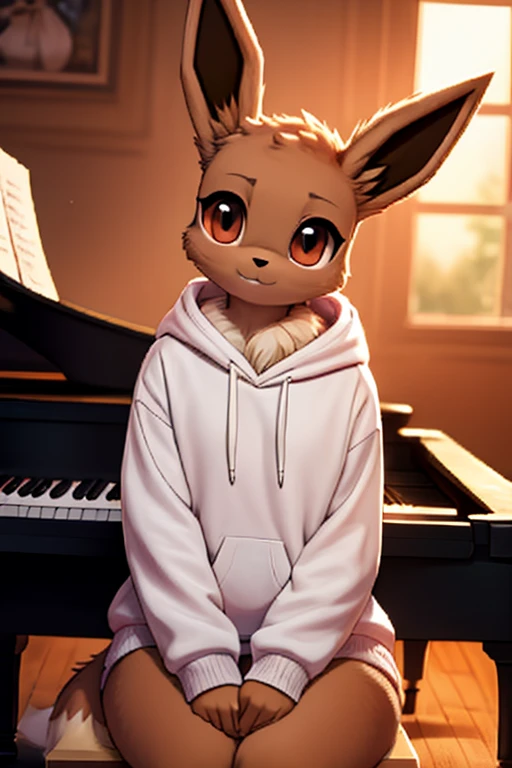 musician girl, eevee, morning bedroom background, pokemon girl in a hoody sitting at the piano