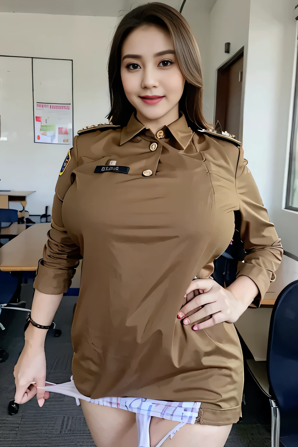 (top-quality,8K,​masterpiece),Japan Person Model,Overweight, Extremely fat, Chubby,police costume,Bewitching woman、Police station、high-level image quality