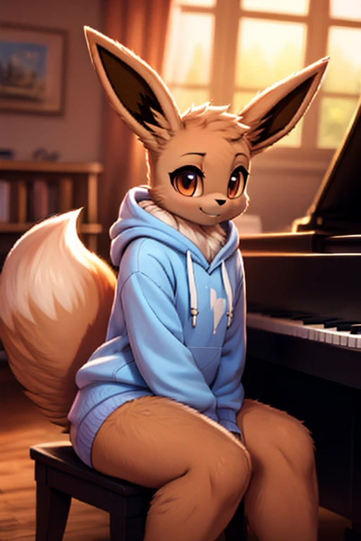 musician girl, eevee, morning bedroom background, pokemon girl in a hoody sitting at the piano