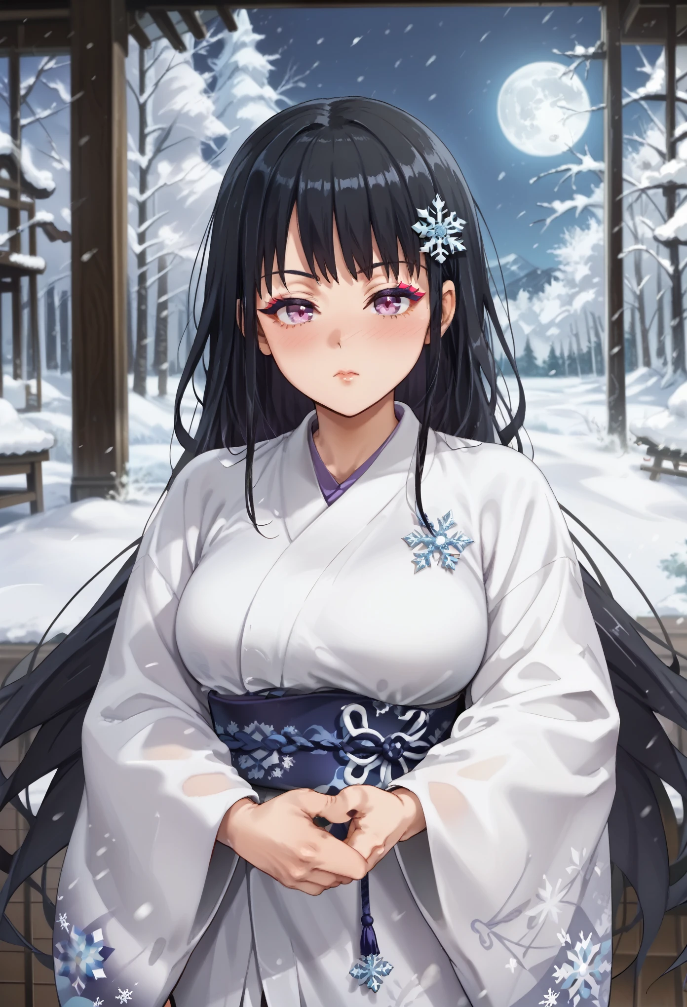 1girl, dynamic pose, upper body, close-up, solo, Yuki-onna, very long hair, black hair, straight hair, sidelocks, hair ornament, light purple eyes, colored eyelashes, pure white skin, blush, large breasts, makeup, white kimono, (snowflake print), light blue obi, furisode, wide sleeves, jewelry, snowy mountain, forest, snowing, full moon , inside, in a laundryroom