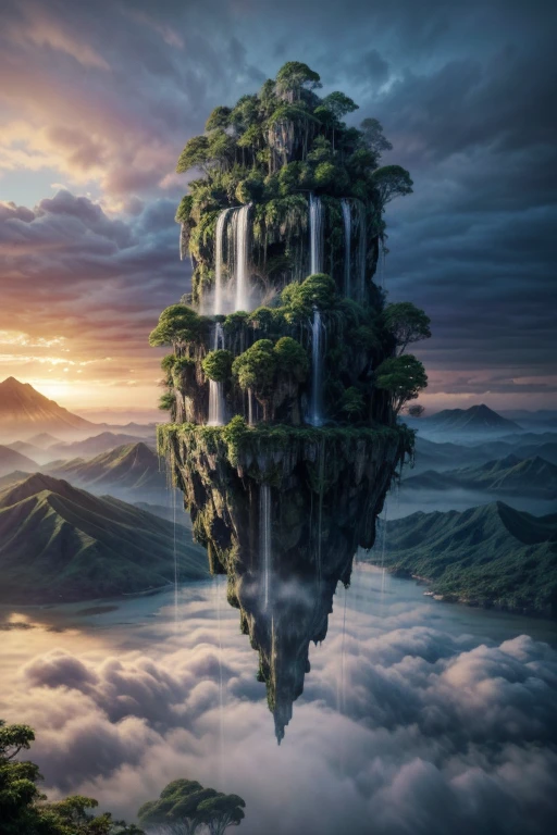 /A Mysterious mysterious island above the sky,/ Rainforest, mist, Clouds Surrounding the Island ,  Waterfall Falling from the Sky , Mysterious雰囲気, Floating Island , /Mysterious,  Fantasy ,  digital art, Intricate details, 8k, Realistic,   Hyperrealistic  , Cinema Lighting,  dramatic lighting, High image quality, Intricate details, masterpiece,  digital art/live-action