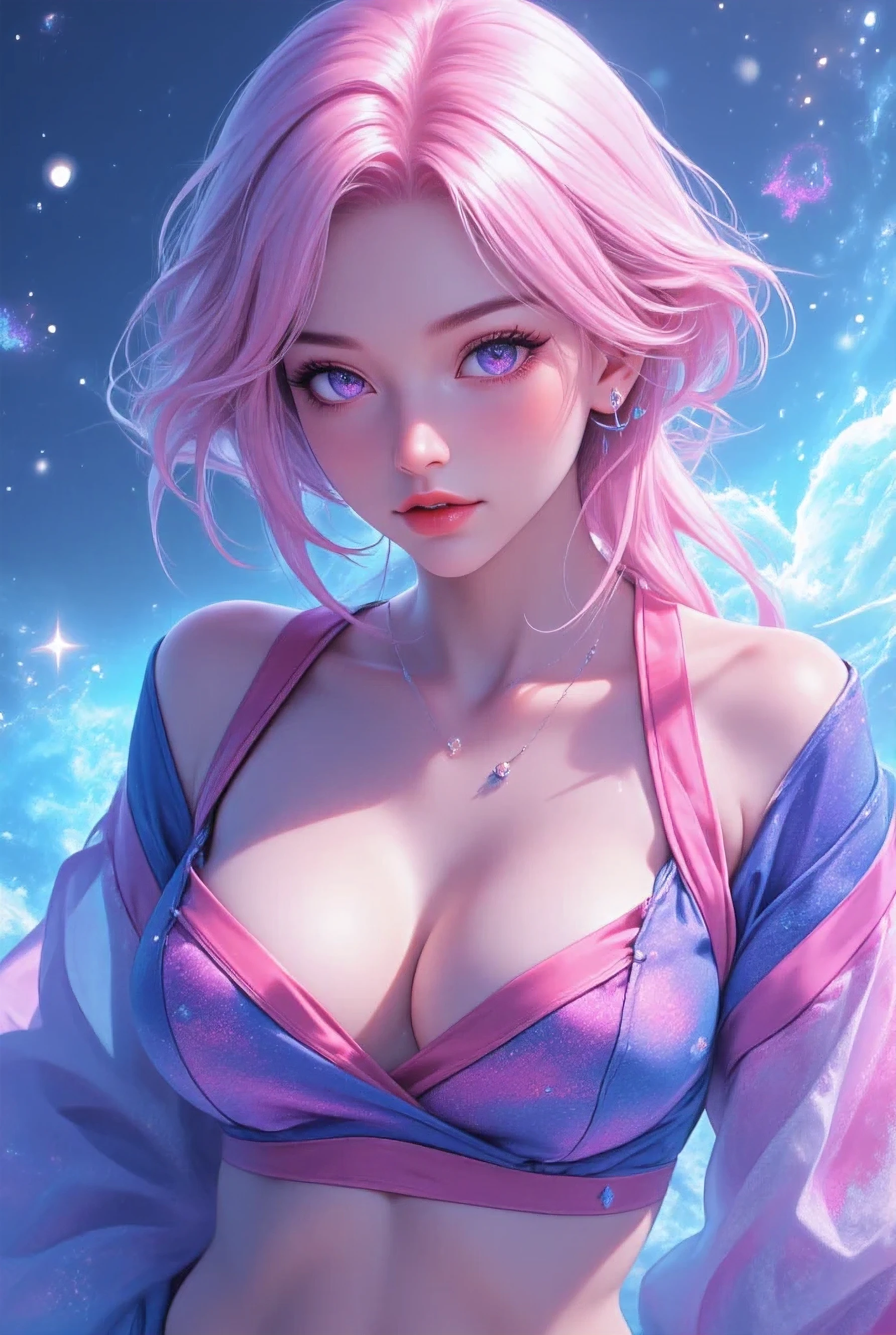 Masterpiece, top quality, pink hair, blue lightning, realistic, realistic details, high detail. Blue clothes. Blue Thunder. Blue crystal. Black suspended particles. Black smoke. Black crystals around. Black smoke wafts around. Warping the body. Warping the body. Horn. Darkness. Ochi Yami Yugi. Laugh. Very short. Boyish. Short hair. Short hair.
1 girl, beauty, , fine skin, anicos_No one,, navel, detached sleeves, bare shoulders, center opening, cleavage between breasts, middle breast, long feather hair clip, blue hair ornament, thigh height,watch viewer,isekai, ochi yami play. Temptation. Brainkill. Tattoo. Demon Tail. Gold pattern at chest. Luminescent tattoo. Luminescent tattoo. Devil's wings. Black and gold tiara. Tiara. Complex and luxurious tiara. Smile. Luminescent blades.