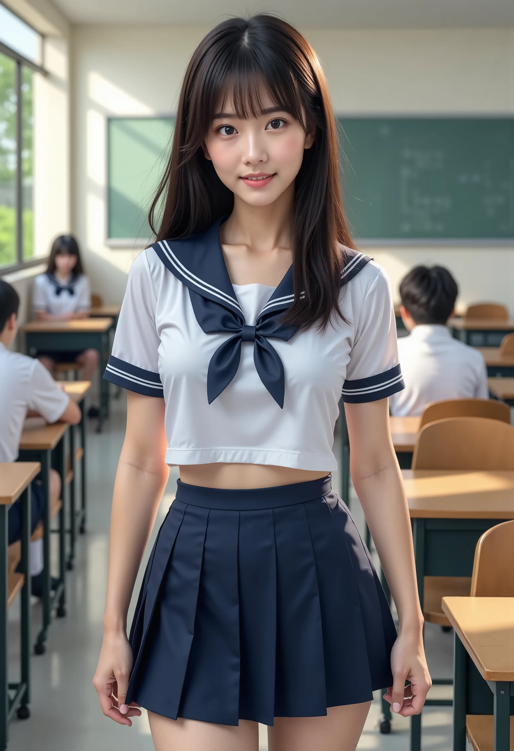 (masterpiece, Best Quality:1.2), One woman, Japanese 38yo, (mature woman, MILF), Beauty, (Super beautiful face), ((big breasts:1.2)), ((curvy body)), Perfect Face, Perfect eyes, Very detailed, Super practical, High resolution, smile, Brown eyes, (wearing tight sailor uniform Navy Pleated Skirt:1.2), Beautiful legs, Black Hair、(Medium Straight Hair, Various hairstyles), With bangs, Standing in a school classroom
