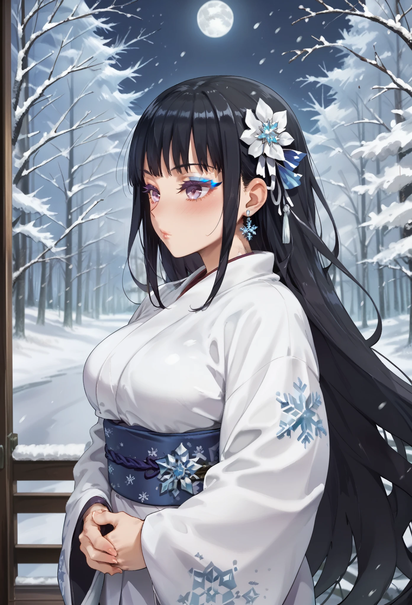 1girl, dynamic pose, upper body, close-up, solo, Yuki-onna, very long hair, black hair, straight hair, sidelocks, hair ornament, light purple eyes, colored eyelashes, pure white skin, blush, large breasts, makeup, white kimono, (snowflake print), light blue obi, furisode, wide sleeves, jewelry, snowy mountain, forest, snowing, full moon , inside, in a laundryroom, from side