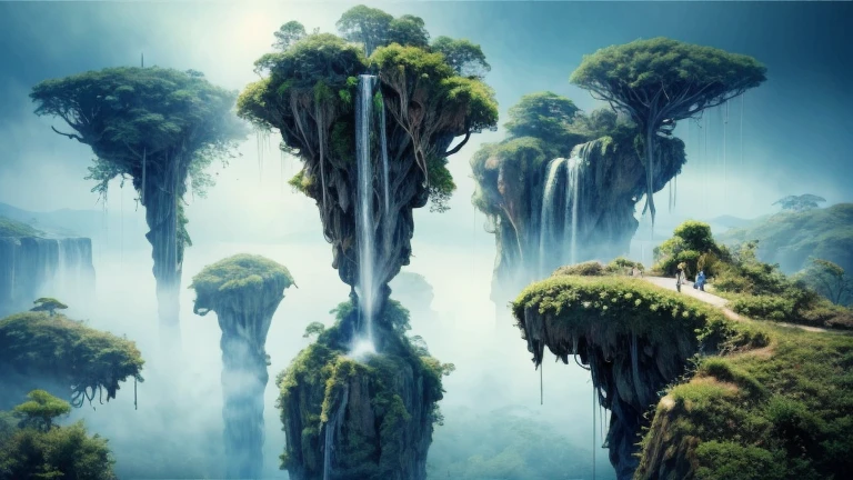 /A Mysterious mysterious island above the sky,/ Rainforest, mist, Clouds Surrounding the Island ,  Waterfall Falling from the Sky , Mysterious雰囲気, Floating Island , /Mysterious,  Fantasy ,  digital art, Intricate details, 8k, Realistic,   Hyperrealistic  , Cinema Lighting,  dramatic lighting, High image quality, Intricate details, masterpiece,  digital art/live-action